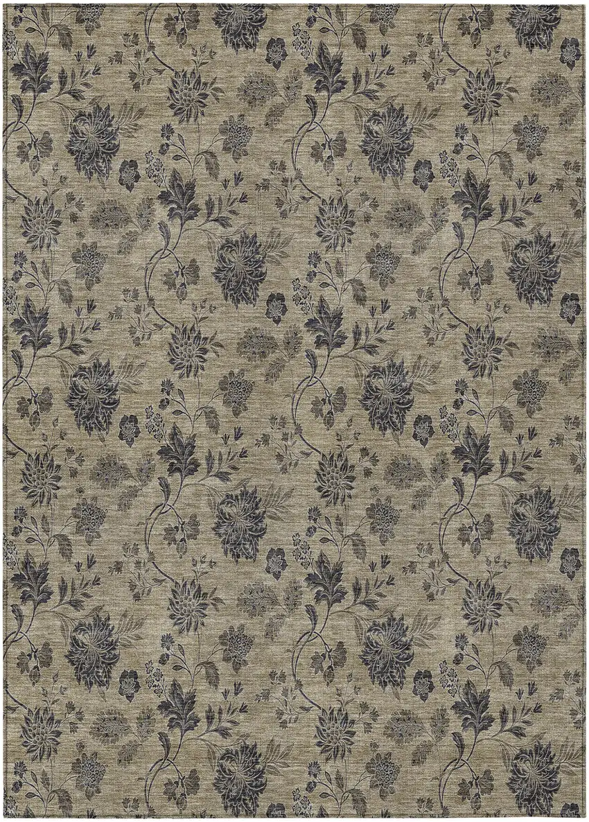 Brown Beige And Chocolate Floral Washable Indoor Outdoor Area Rug Photo 2