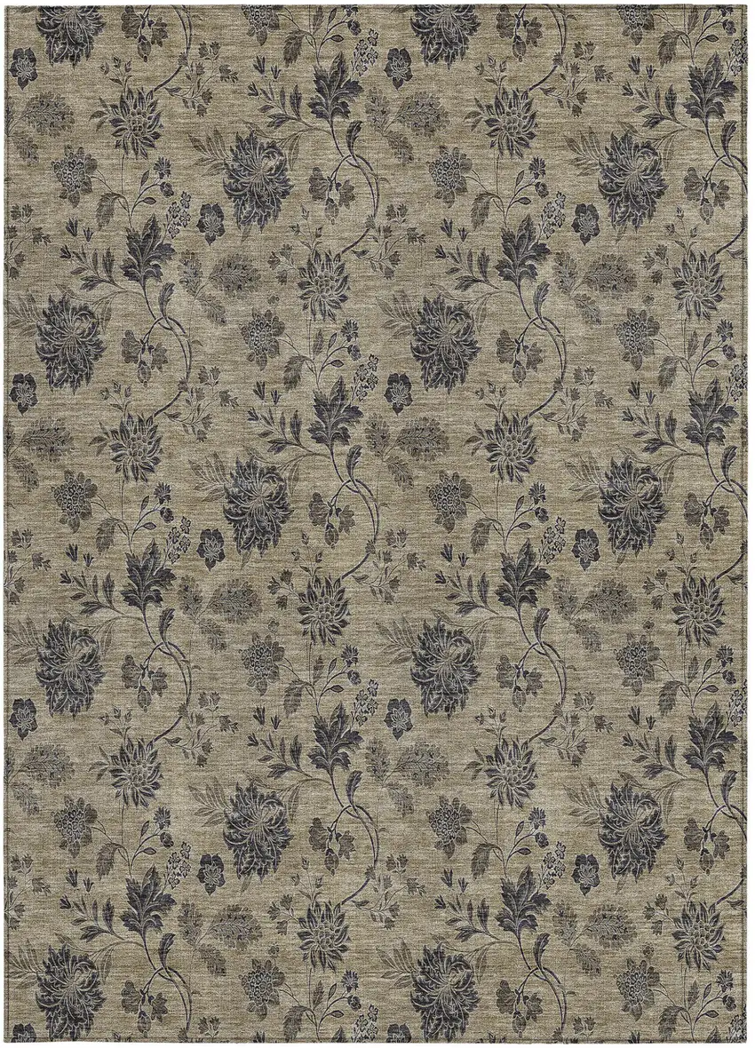 Brown Beige And Chocolate Floral Washable Indoor Outdoor Area Rug Photo 7