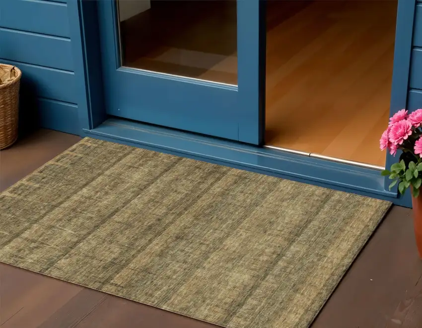 Brown Beige And Chocolate Striped Washable Indoor Outdoor Area Rug Photo 1