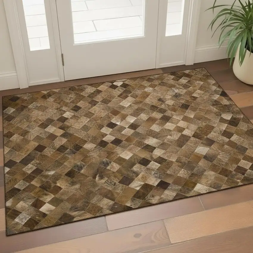 Brown Beige And Coffee Geometric Washable Area Rug With UV Protection Photo 1