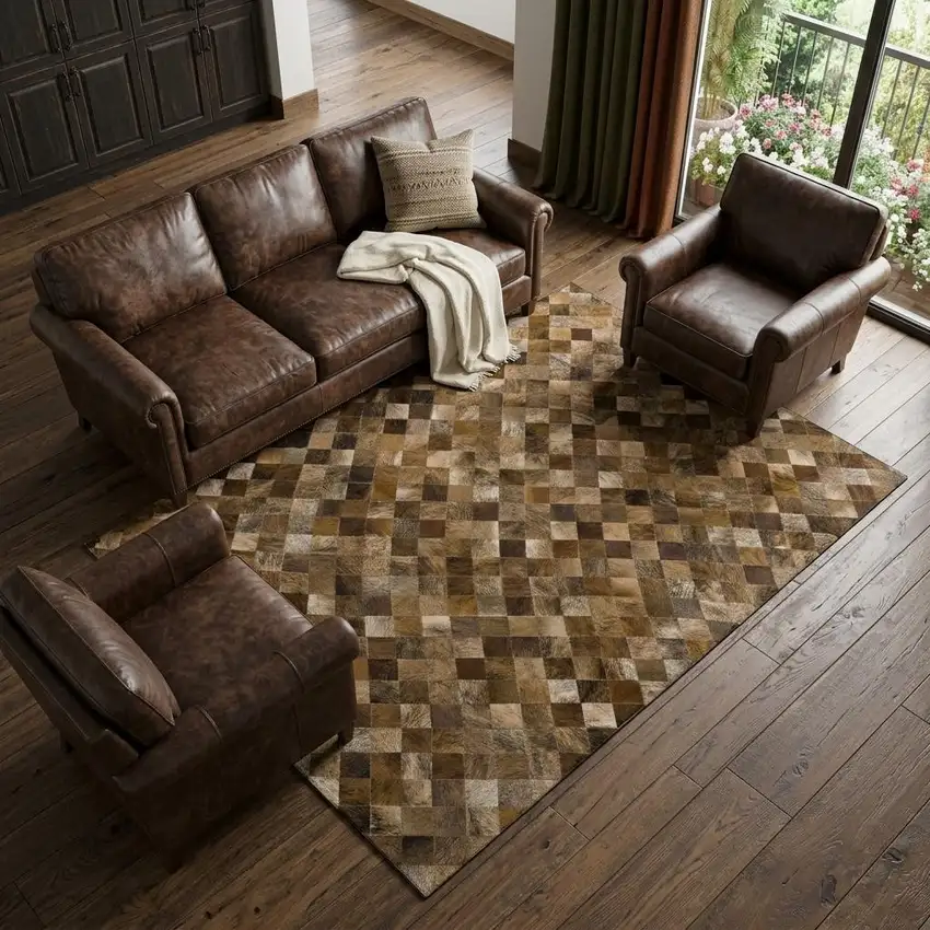 Beige Brown And Coffee Cowhide Print Washable Area Rug With UV Protection Photo 1