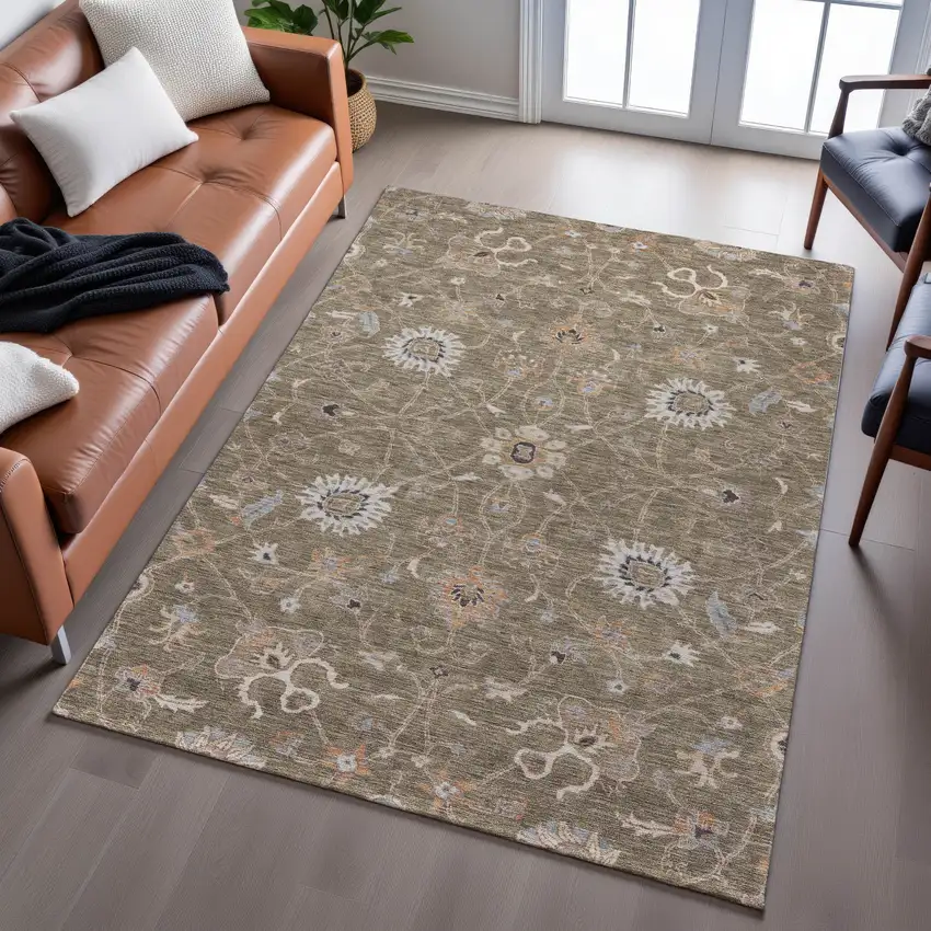 Brown Beige And Copper Floral Washable Area Rug With UV Protection Photo 5