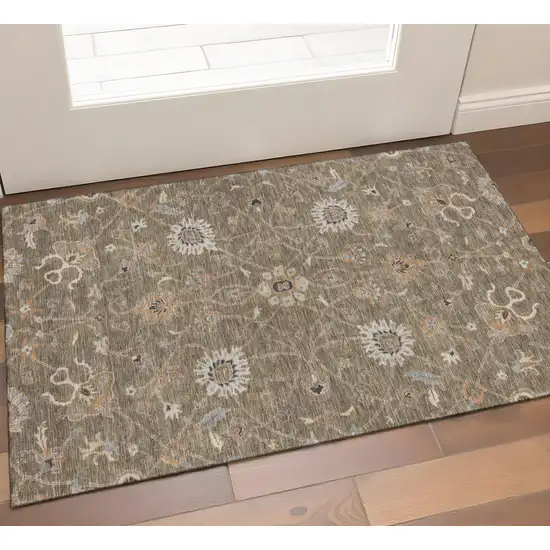Brown Beige And Copper Floral Washable Area Rug With UV Protection Photo 1