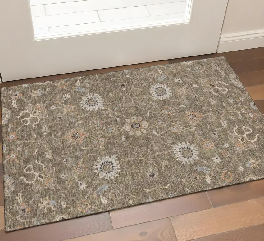 Brown Beige And Copper Floral Washable Area Rug With UV Protection Photo 1