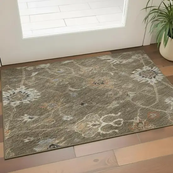 Brown Beige And Copper Floral Washable Area Rug With UV Protection Photo 2
