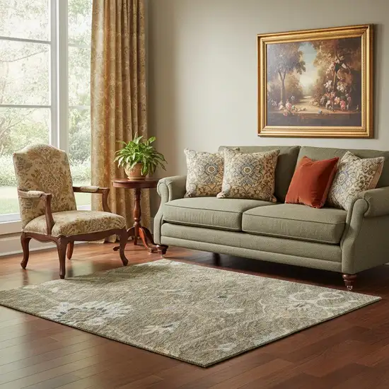 Brown Beige And Copper Floral Washable Area Rug With UV Protection Photo 2