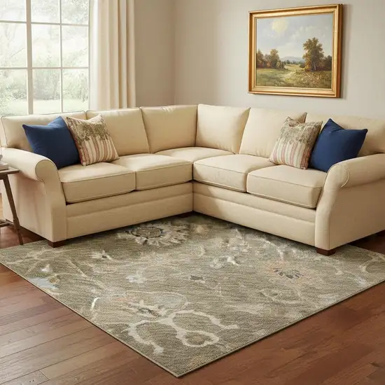 Brown Beige And Copper Floral Washable Area Rug With UV Protection Photo 2