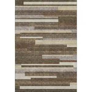 Photo of Brown Beige And Copper Striped Washable Area Rug With UV Protection
