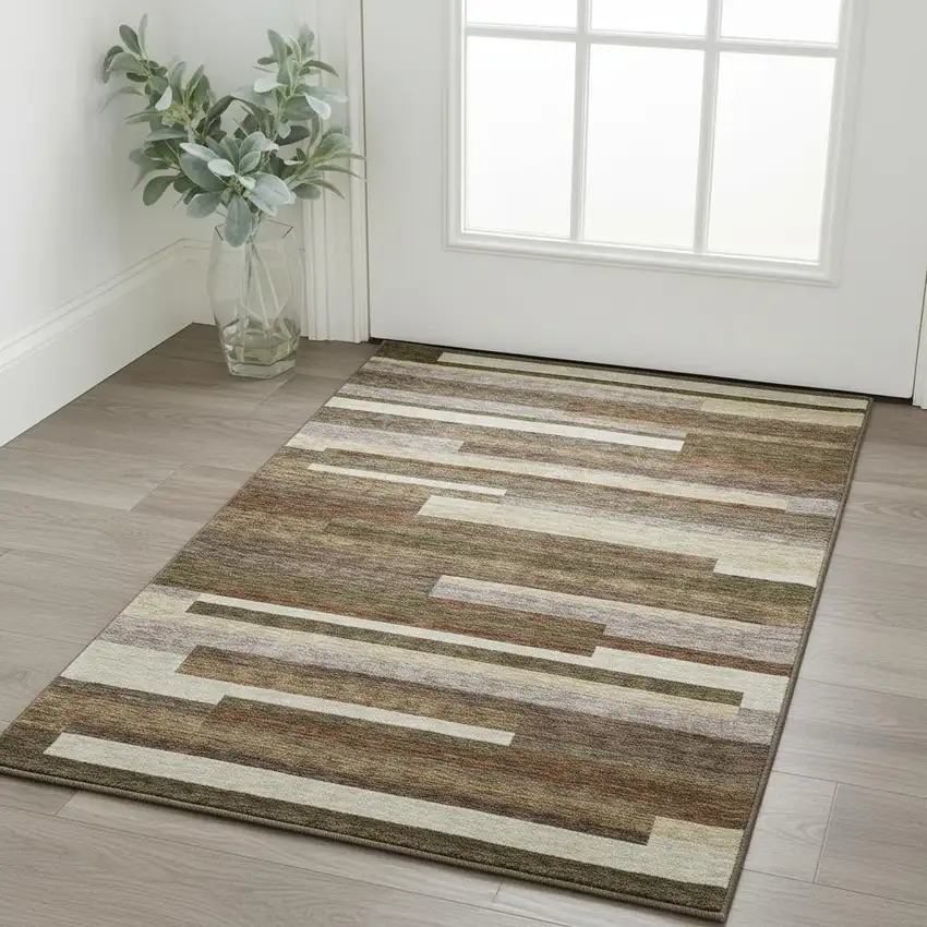 Brown Beige And Copper Striped Washable Area Rug With UV Protection Photo 2
