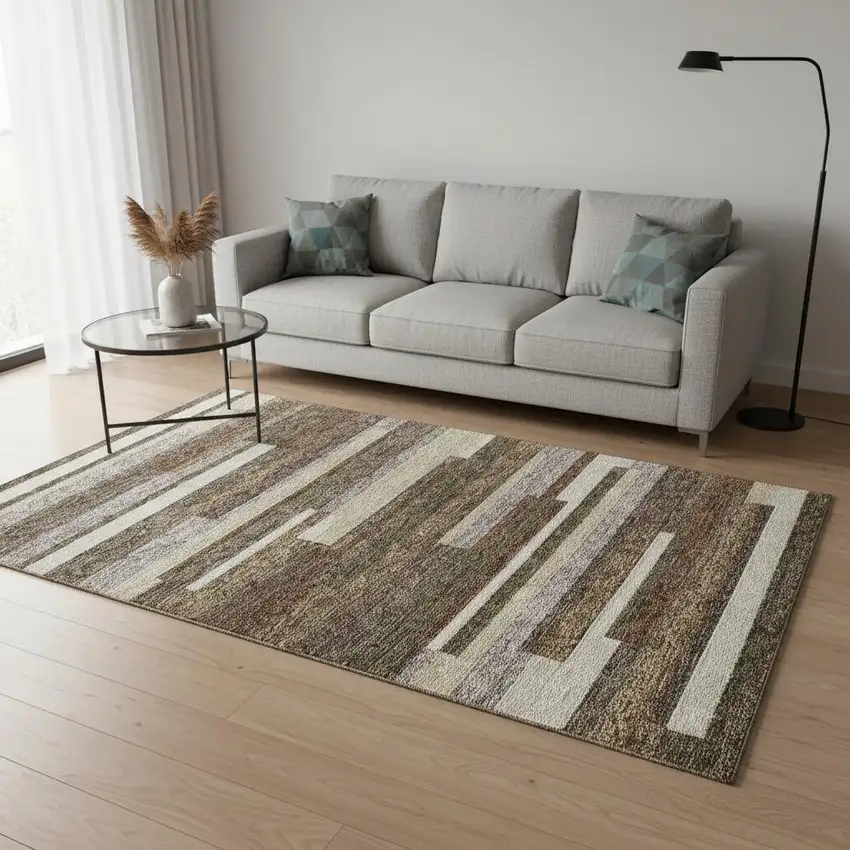 Brown Beige And Copper Striped Washable Area Rug With UV Protection Photo 2