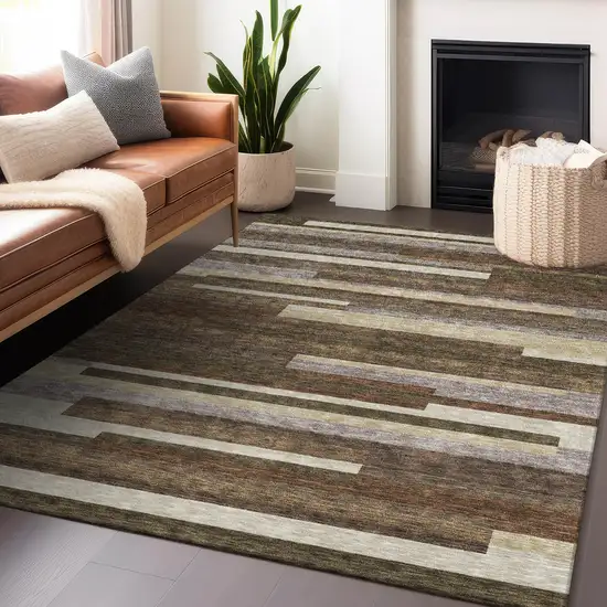 Brown Beige And Copper Striped Washable Area Rug With UV Protection Photo 6