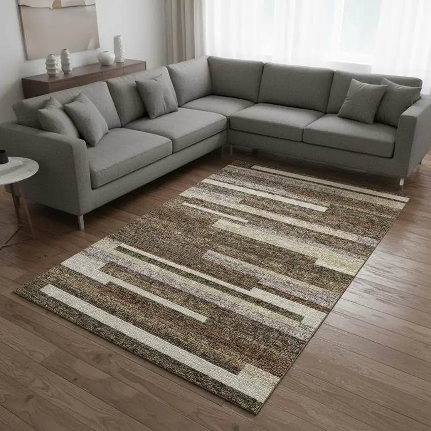 Brown Beige And Copper Striped Washable Area Rug With UV Protection Photo 2