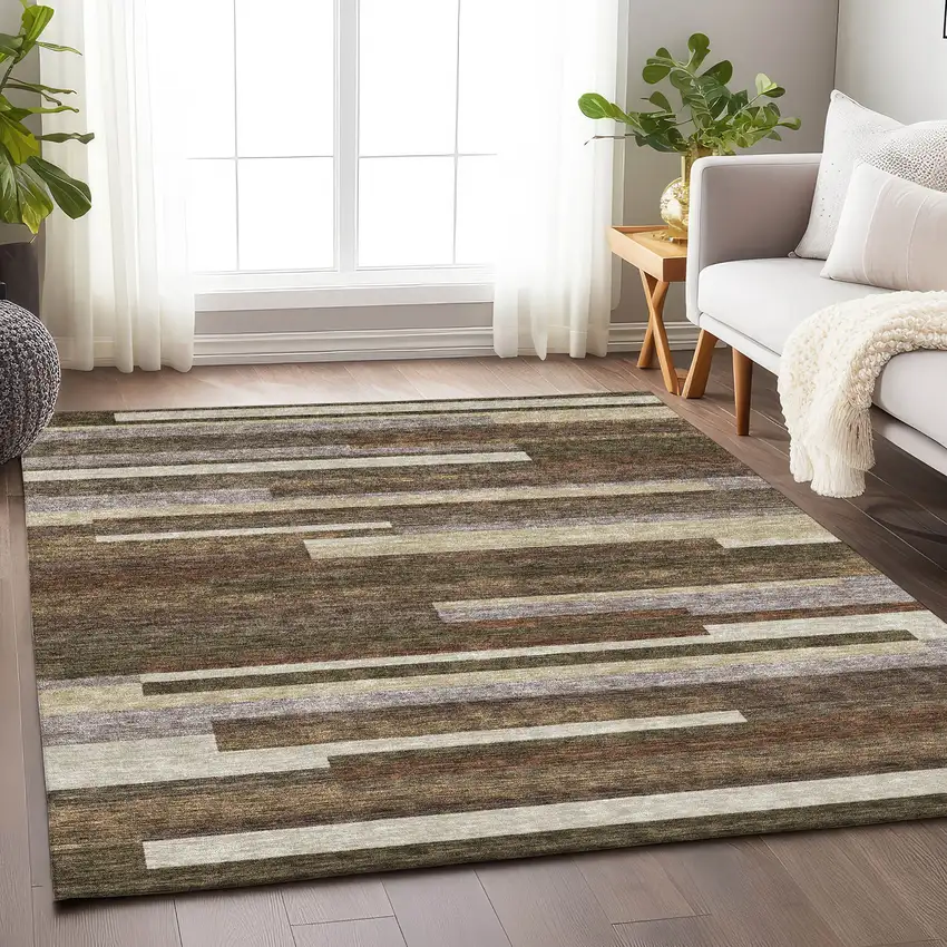 Brown Beige And Copper Striped Washable Area Rug With UV Protection Photo 5