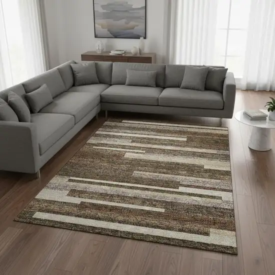 Brown Beige And Copper Striped Washable Area Rug With UV Protection Photo 2