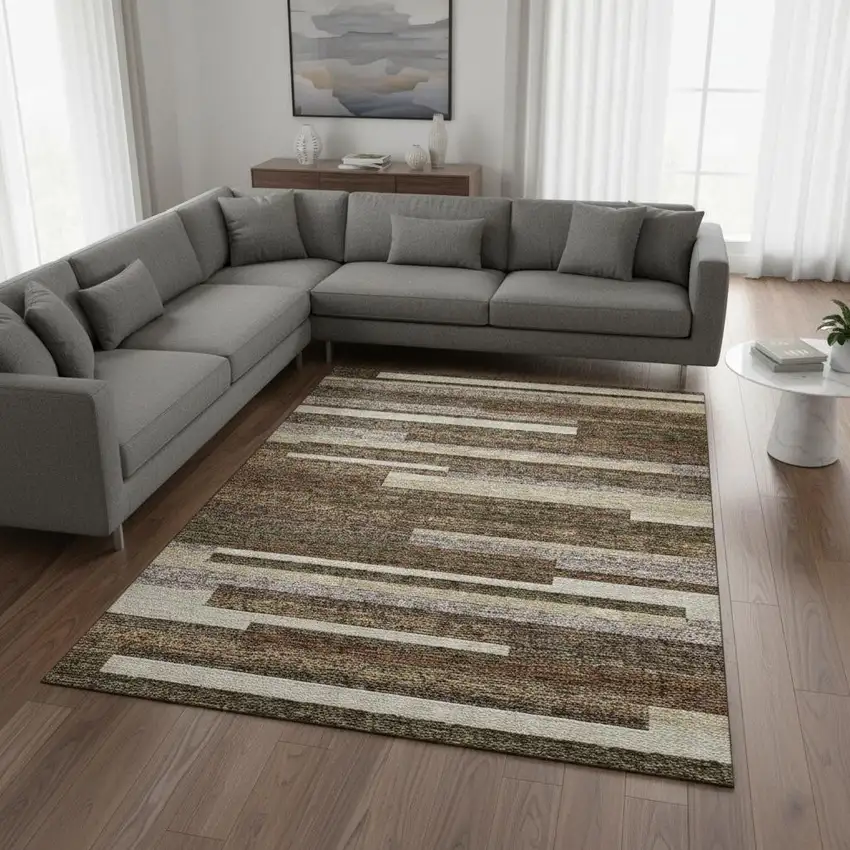 Brown Beige And Copper Striped Washable Area Rug With UV Protection Photo 2