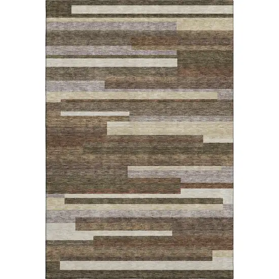 Brown Beige And Copper Striped Washable Area Rug With UV Protection Photo 1