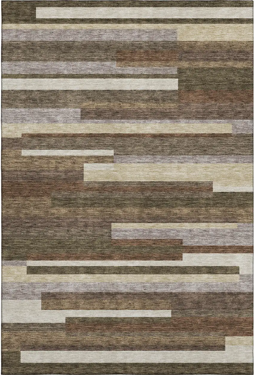 Brown Beige And Copper Striped Washable Area Rug With UV Protection Photo 1