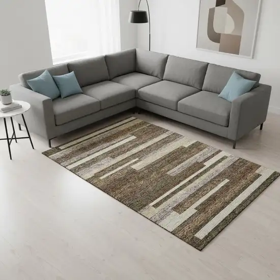 Brown Beige And Copper Striped Washable Area Rug With UV Protection Photo 2