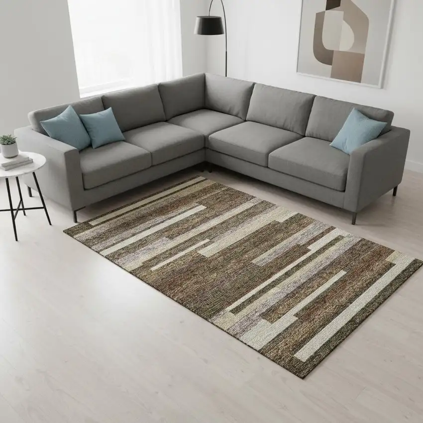 Brown Beige And Copper Striped Washable Area Rug With UV Protection Photo 2