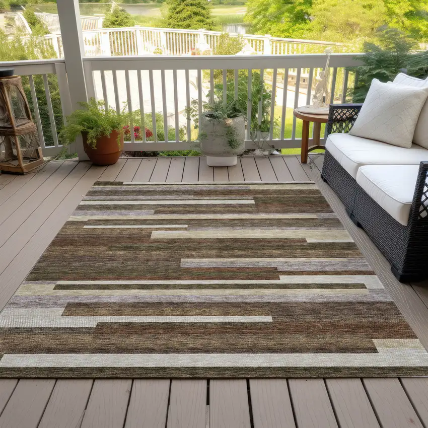 Brown Beige And Copper Striped Washable Indoor Outdoor Area Rug Photo 7