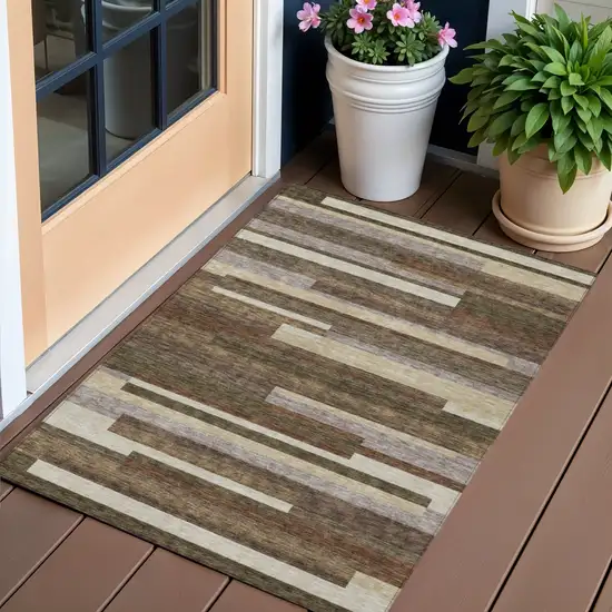 Brown Beige And Copper Striped Washable Indoor Outdoor Area Rug Photo 1