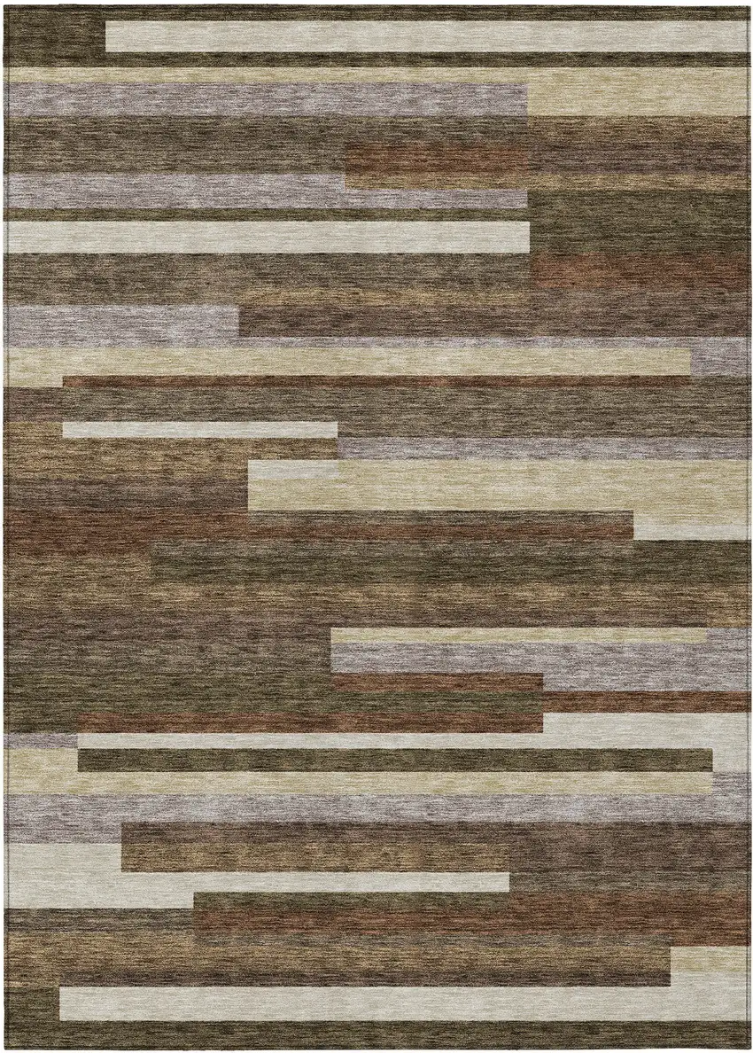 Brown Beige And Copper Striped Washable Indoor Outdoor Area Rug Photo 1