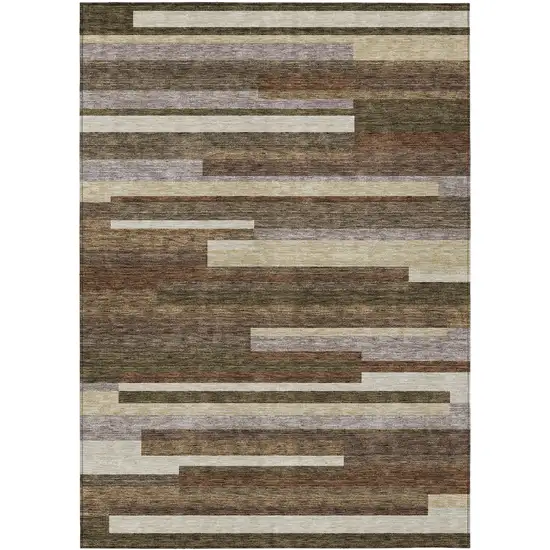 Brown Beige And Copper Striped Washable Indoor Outdoor Area Rug Photo 1