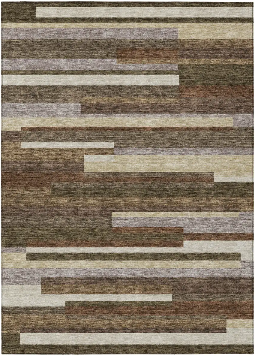 Brown Beige And Copper Striped Washable Indoor Outdoor Area Rug Photo 1