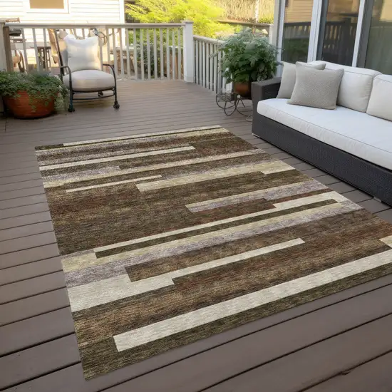 Brown Beige And Copper Striped Washable Indoor Outdoor Area Rug Photo 9