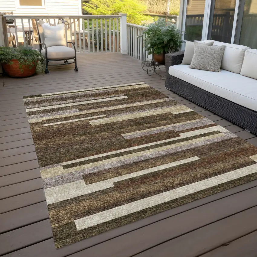 Brown Beige And Copper Striped Washable Indoor Outdoor Area Rug Photo 9