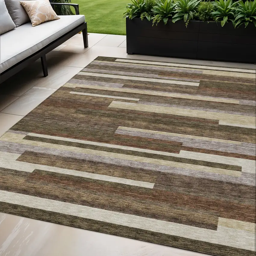 Brown Beige And Copper Striped Washable Indoor Outdoor Area Rug Photo 1