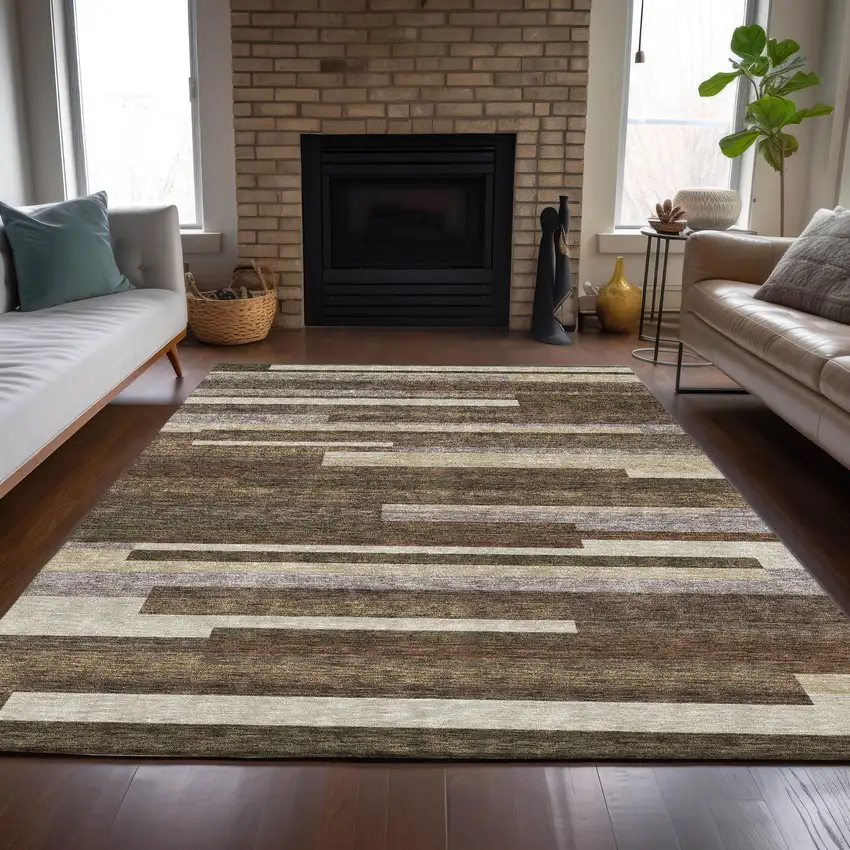 Brown Beige And Copper Striped Washable Indoor Outdoor Area Rug Photo 7