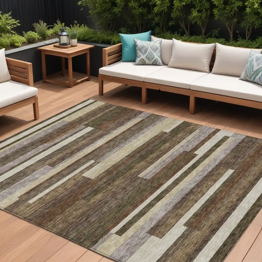 Brown Beige And Copper Striped Washable Indoor Outdoor Area Rug Photo 1