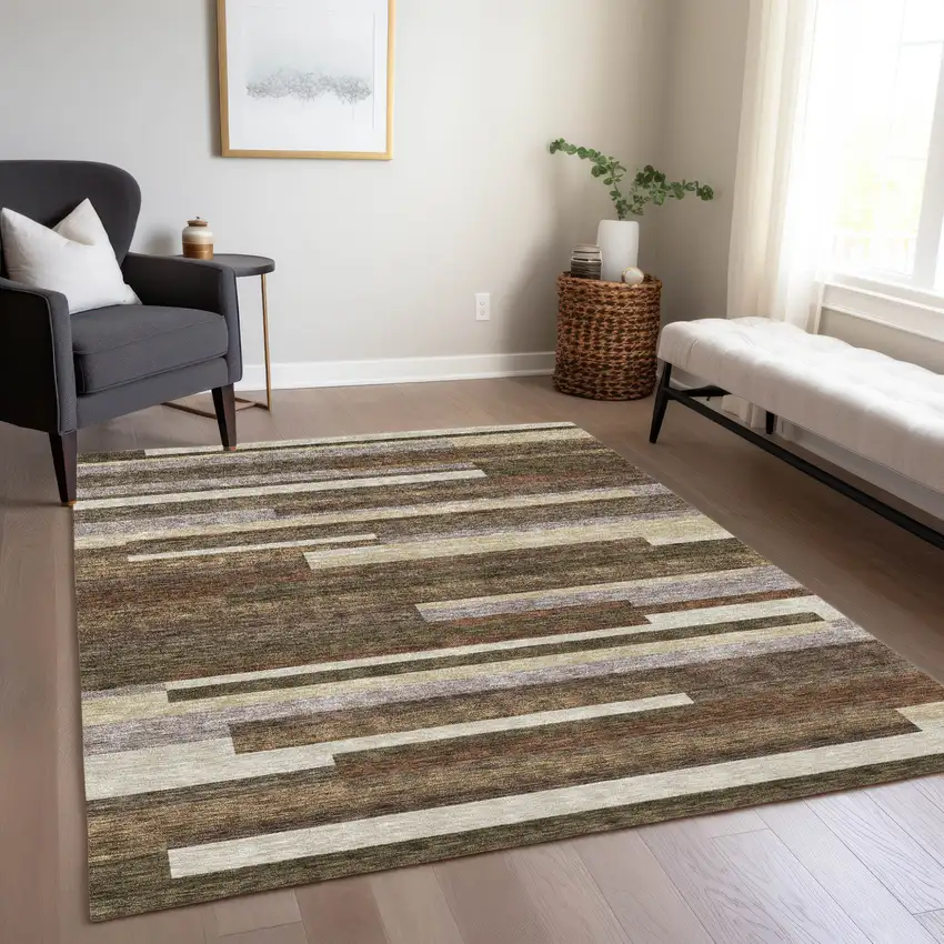 Brown Beige And Copper Striped Washable Indoor Outdoor Area Rug Photo 9