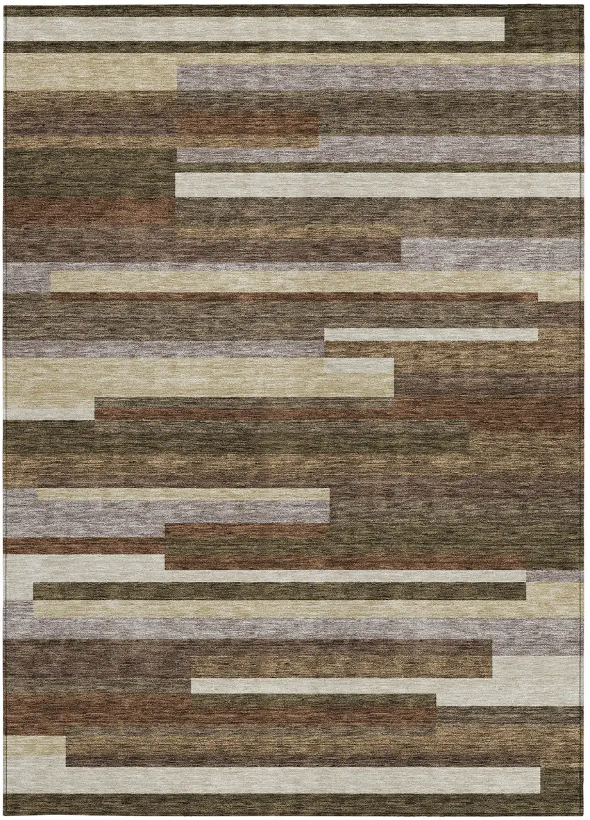 Brown Beige And Copper Striped Washable Indoor Outdoor Area Rug Photo 4