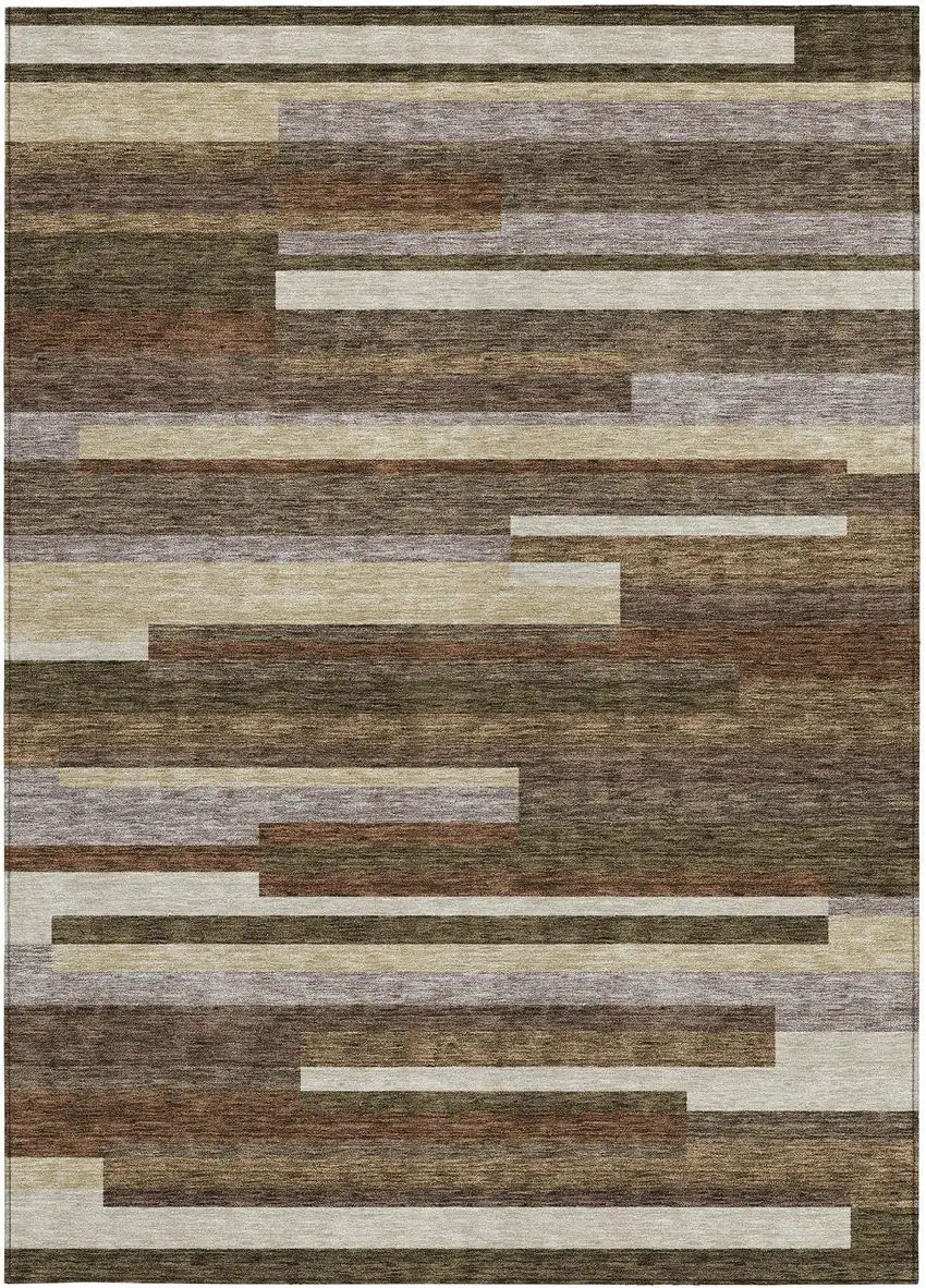 Brown Beige And Copper Striped Washable Indoor Outdoor Area Rug Photo 5