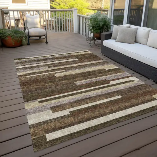 Brown Beige And Copper Striped Washable Indoor Outdoor Area Rug Photo 9