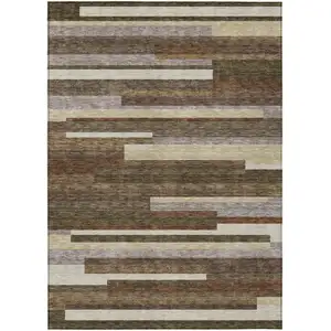 Photo of Brown Beige And Copper Striped Washable Indoor Outdoor Area Rug