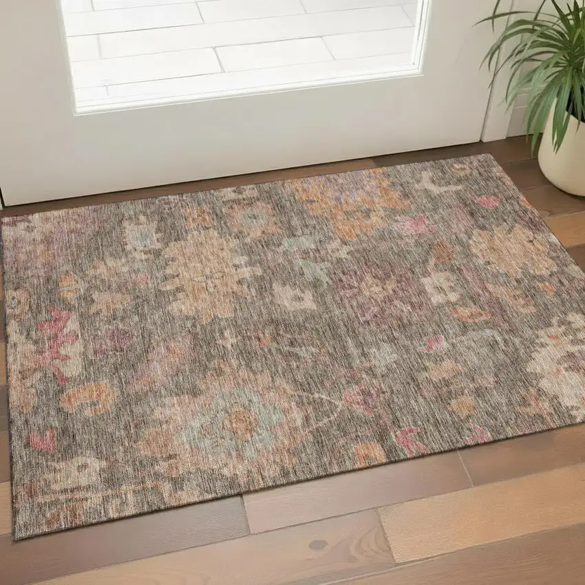 Brown Beige And Coral Floral Washable Area Rug With UV Protection Photo 1