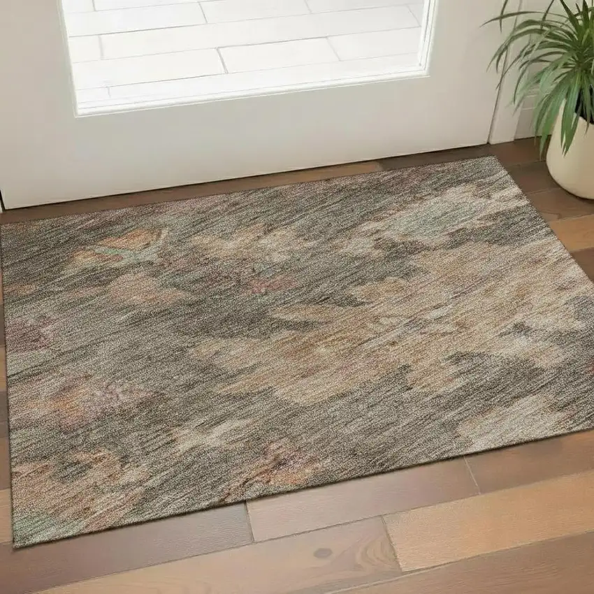 Brown Beige And Coral Floral Washable Area Rug With UV Protection Photo 2