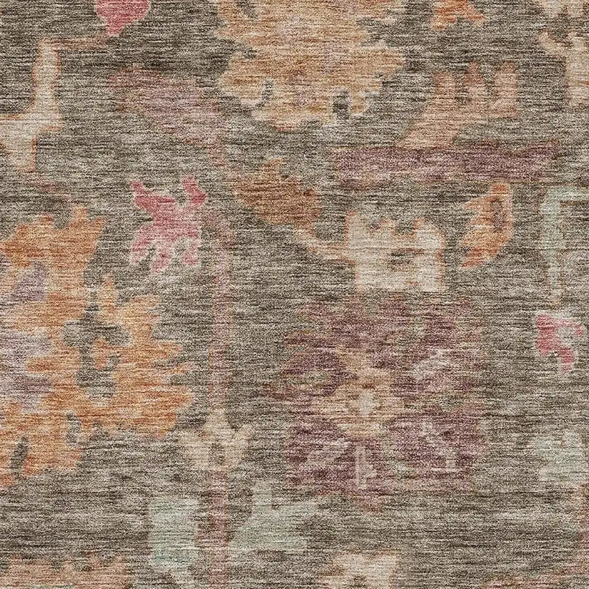 Brown Beige And Coral Floral Washable Area Rug With UV Protection Photo 3