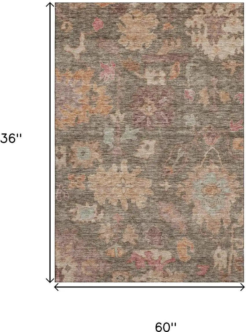 Brown Beige And Coral Floral Washable Area Rug With UV Protection Photo 9