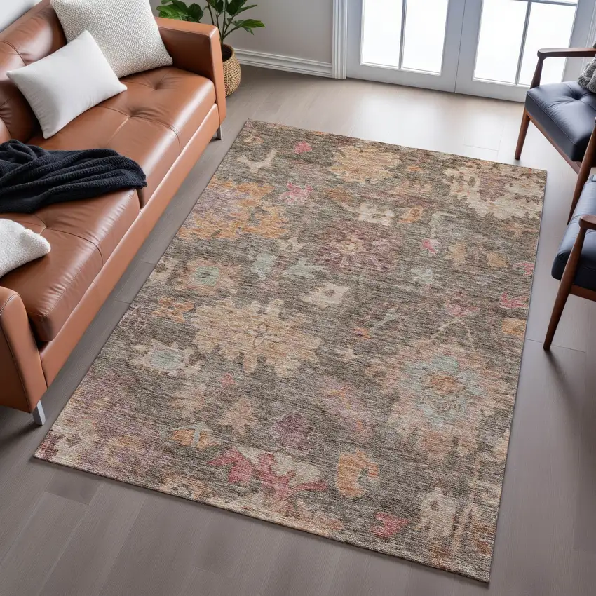 Brown Beige And Coral Floral Washable Area Rug With UV Protection Photo 4