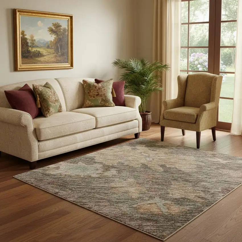 Brown Beige And Coral Floral Washable Area Rug With UV Protection Photo 2