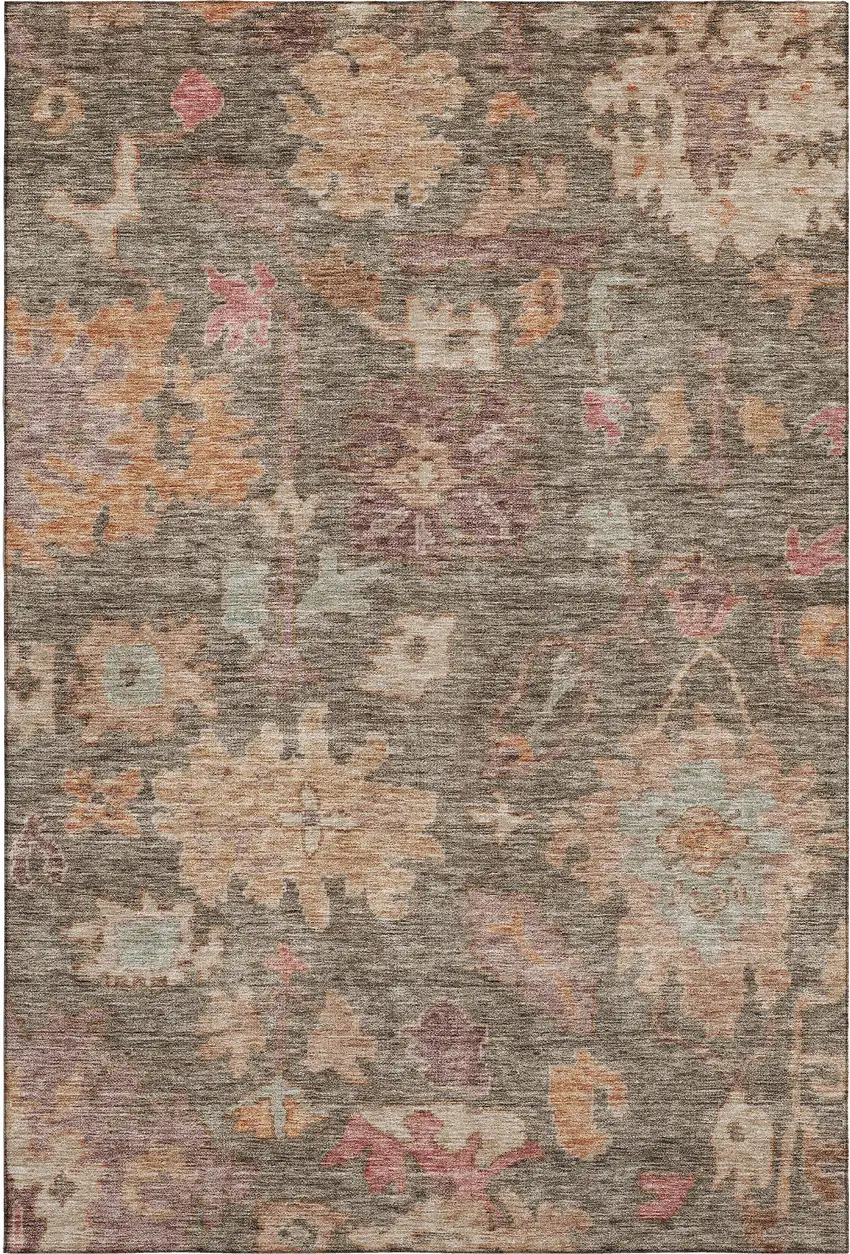 Brown Beige And Coral Floral Washable Area Rug With UV Protection Photo 5