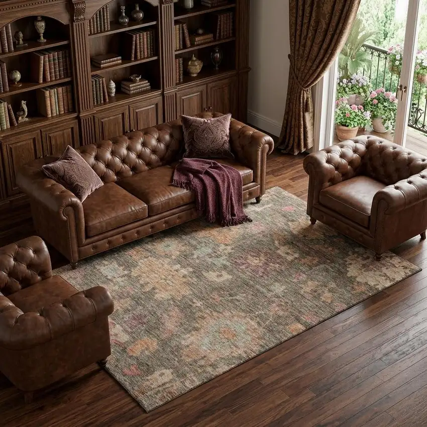 Brown Beige And Coral Floral Washable Area Rug With UV Protection Photo 1