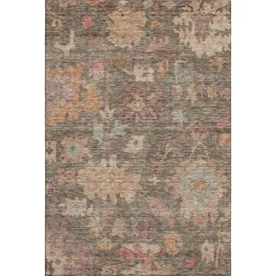 Brown Beige And Coral Floral Washable Area Rug With UV Protection Photo 4