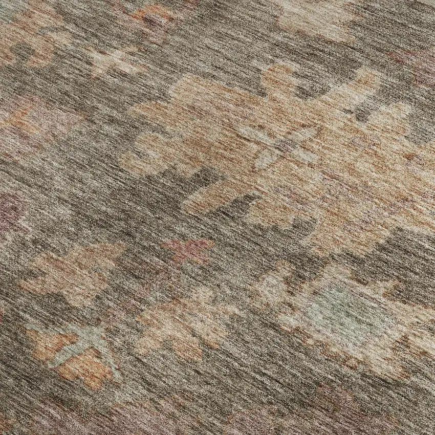 Brown Beige And Coral Floral Washable Area Rug With UV Protection Photo 2