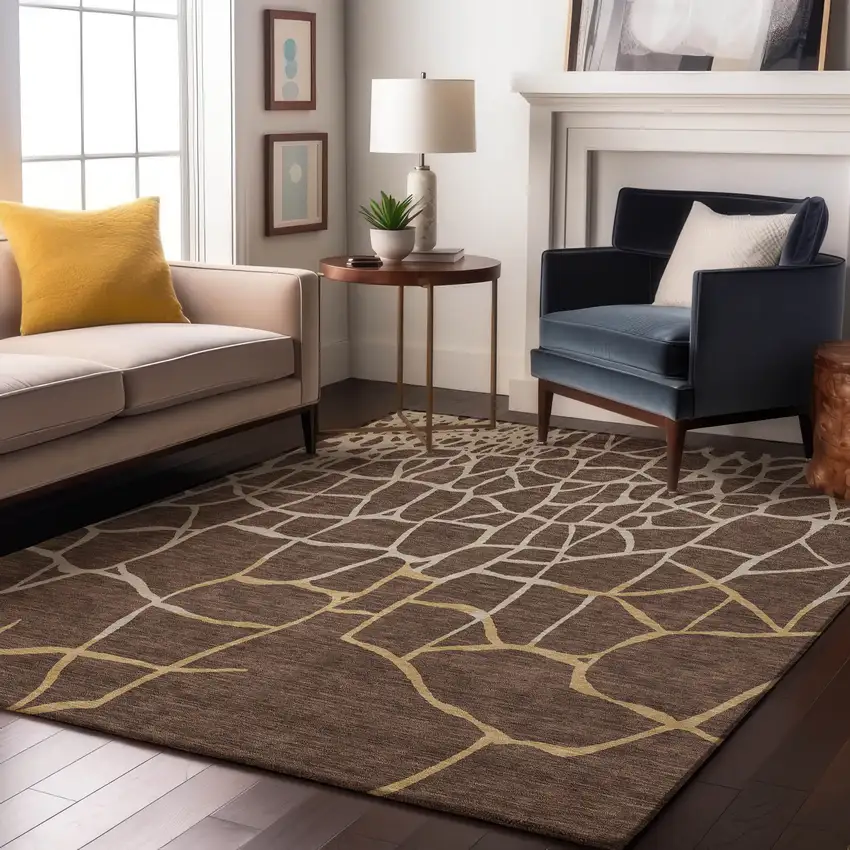 Brown Beige And Gold Abstract Geometric Washable Area Rug With UV Protection Photo 4