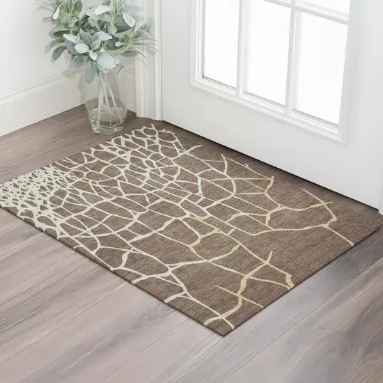 Brown Beige And Gold Abstract Geometric Washable Area Rug With UV Protection Photo 2